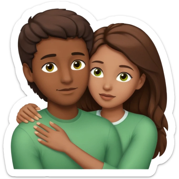 Couple embracing with arms around each other; black woman with brown eyes and lush brown hair, white man with brown hair and green eyes sticker
