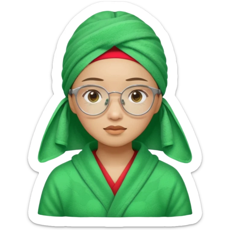Asian woman wearing a green towel in her head with a broken glasses on her face in red pajamas sticker