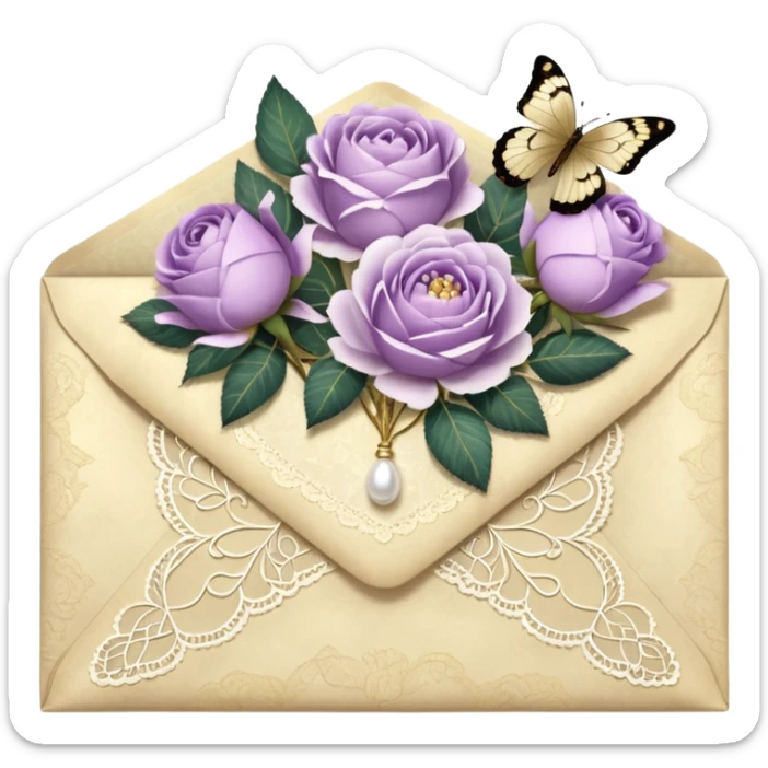 A delicate still life of an aged love letter sealed with golden wax, placed on a vintage lace doily, accompanied by a bouquet of pale purle roses and white peonies, with a shimmering pearl butterfly resting on the envelope. sticker