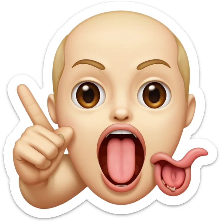 A finger pointing at an open mouth with the tongue out to indicate hungry sticker