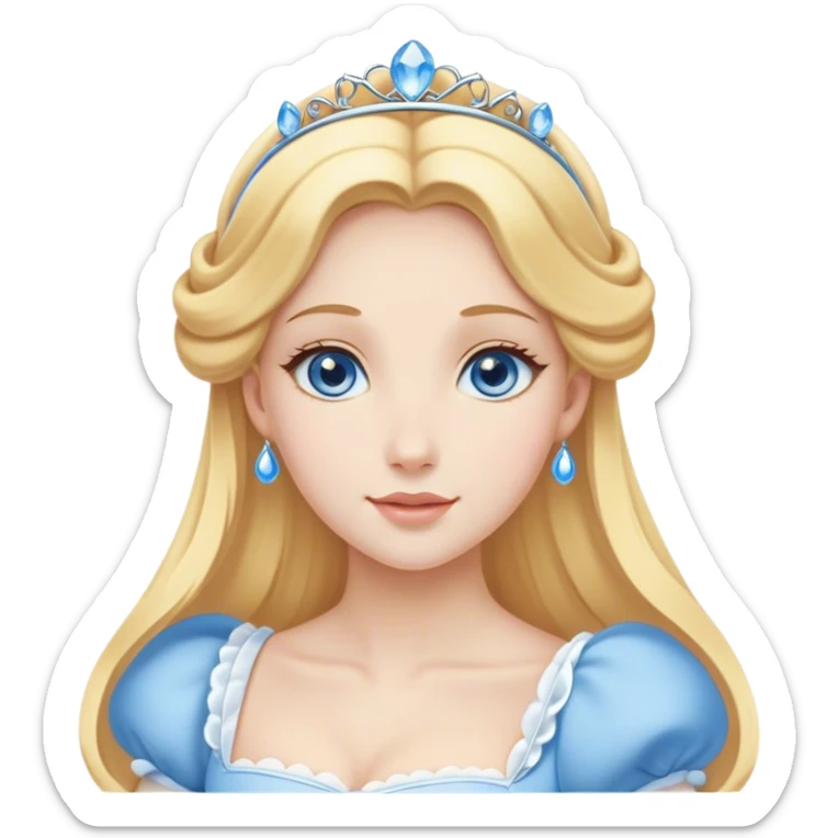 Cinematic Elegant Cinderella Portrait Emoji, Graceful and poised in her classic maid attire, golden locks cascading softly, bright blue eyes full of hope, a gentle glow of kindness and determination, delicate and humble yet undeniably beautiful, evoking the moment before her magical transformation, pure enchantment in her gaze! sticker