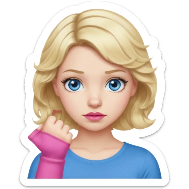 Girl Blonde short wavy hair,  blue eyes, cute blue top, long lashes, pink lips, thumbs down  sticker