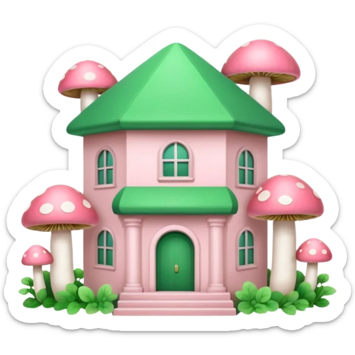 Pale Pink and green cute bank building, mushrooms growing around it , clean aesthetic, two PP letters on it, lines, vectors sticker