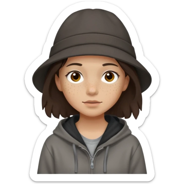 Hobo tomboy with light skin, freckles, shoulder-length center-parted dark brown hair. brown eyes, dark brown hoodie, grey shirt. Black flat brimmed hat sticker