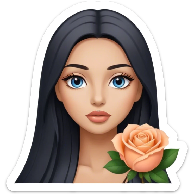 Glamours, tanned, very beautiful girl, with big pump peach-beige-rose lips, long long lashes, black straight smooth silky long hair, straight parting hair, blue-grey eyes sticker