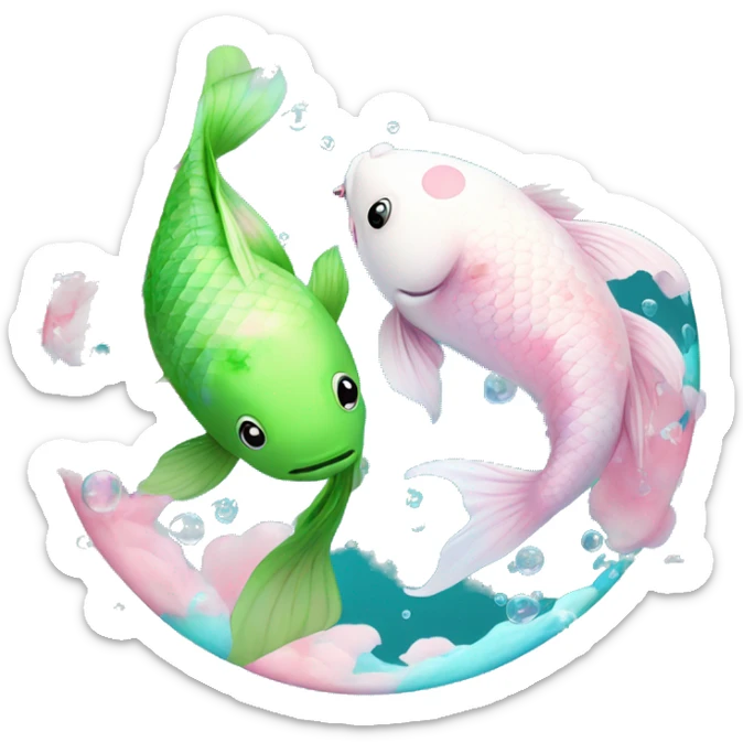 Pisces Two realistic green and blue the other pink and white koi fish swimming in circle ying yang cloudy dreamy bubbles  sticker