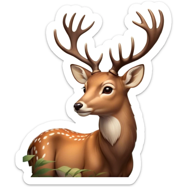 Cinematic Noble Deer Portrait Emoji, Poised and regal, with a graceful, slender build and a dappled Fur of warm browns and creams, elegant antlers crowning its head, deep-set soulful gentle eyes, Simplified yet sharp and sophisticated features, highly detailed, glowing with a soft, dignified glow, high shine, intelligent and serene, stylized with an air of forest majesty, focused and attentive, soft glowing outline, capturing the essence of a watchful woodland guardian, so majestic it feels as though it could gracefully leap out of the screen with effortless authority! sticker