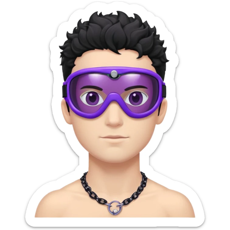 shirtless male athlete with white skin and moderately curly black hair on top with shaved sides, wearing purple ski goggles with black tinted lenses, and a simple plain black chain necklace, no earrings sticker