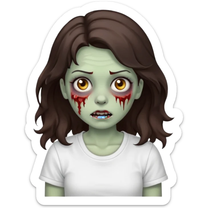 zombie girl who has wavy dark brown hair and a white t shirt sticker
