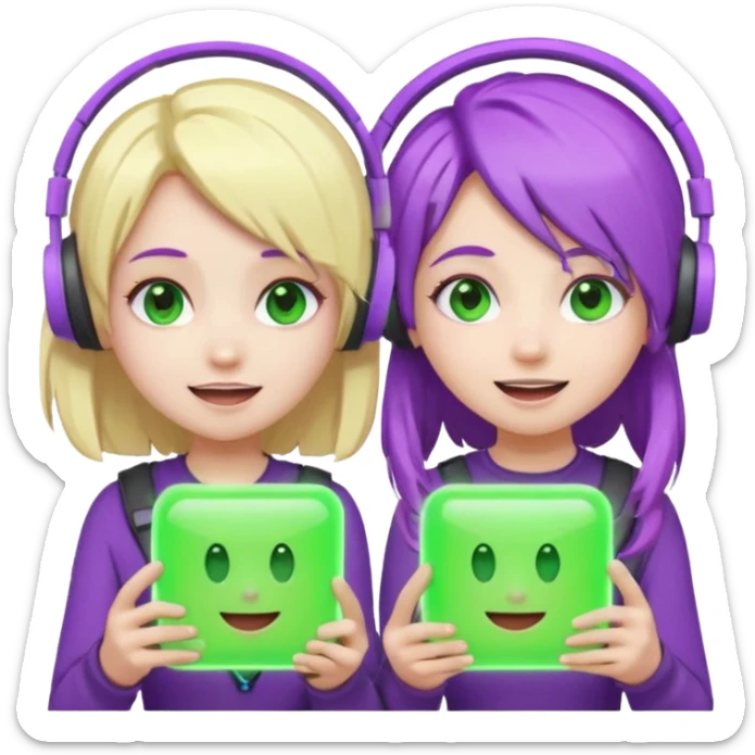 Make a blonde girl with green glowing headset on and a purple hair girl haveing fun , make them chibi emojis ,make them animated sticker