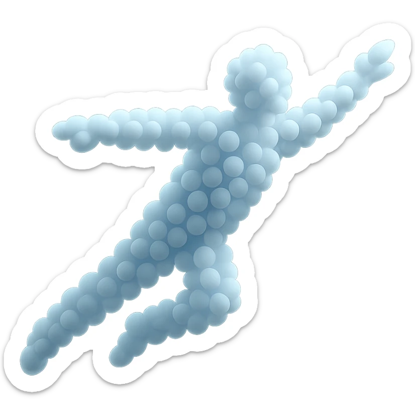 a person flying, entirely made of small, very bright white fluffy convex clouds, minimalist, airy, glowing, matte glass style, no background sticker