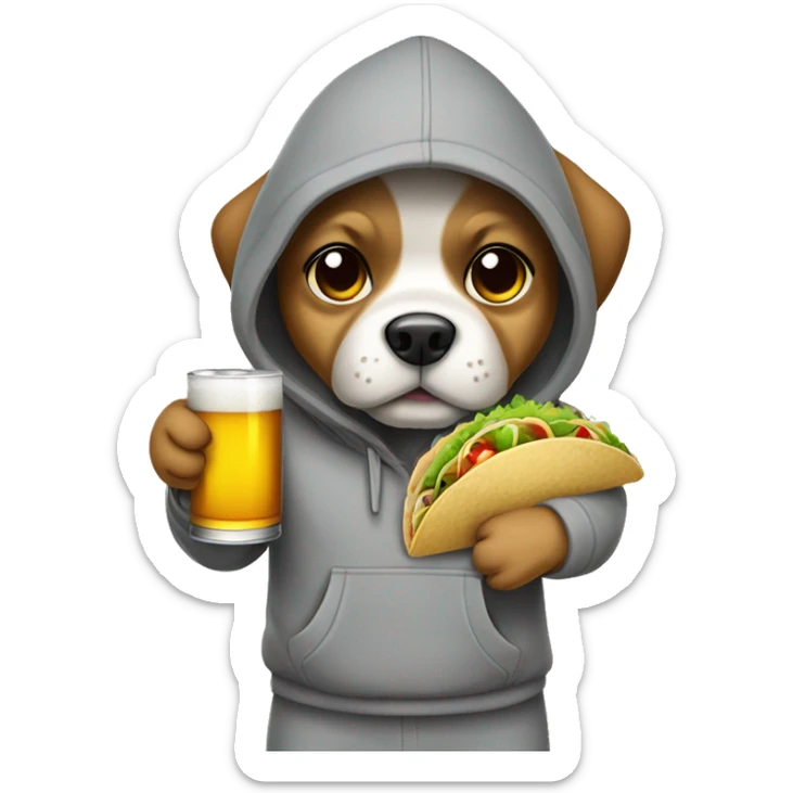 Dog standing wearing a grey hoodie with his hands in his pockets holding a beer and tacos sticker
