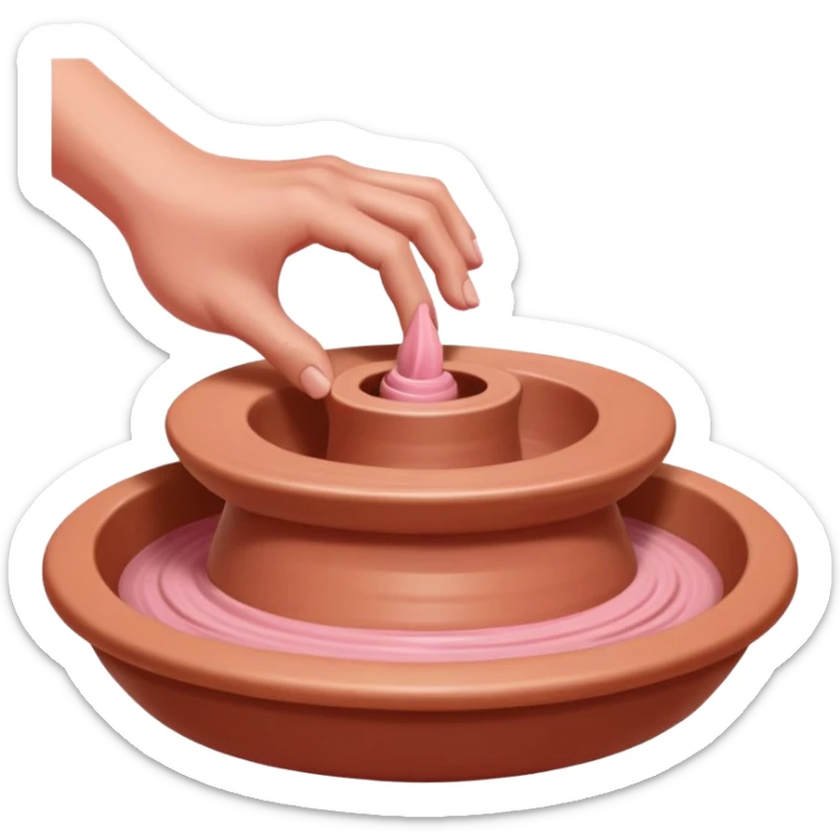 thumbs pressing downward into the center of pink clay to open it on a spinning pottery wheel sticker
