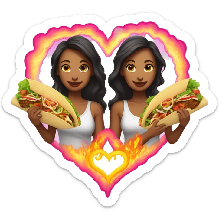 two women eating tacos, riding a unicorn surrounded, a neon heart that’s on fire sticker