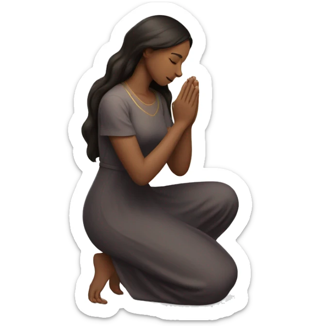 A woman kneeling praying, in a long dress, long dark brown hair sticker