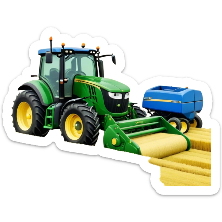 Baler – New Holland Roll-Belt 560 (2018) – Cinematic-realistic John Deere 6155M tractor towing a New Holland Roll-Belt 560 baler, its deep green body contrasting with the bright blue baler. The massive machine moves steadily through golden fields, compressing freshly cut hay into tight round bales, while dust swirls under the blazing afternoon sun. sticker