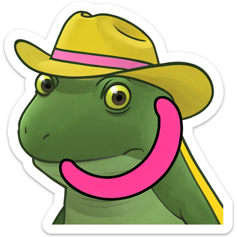 Lizard in a yellow cowboy hat with a pink ring on it and wearing a pink cowboy hat with a yellow ring sticker