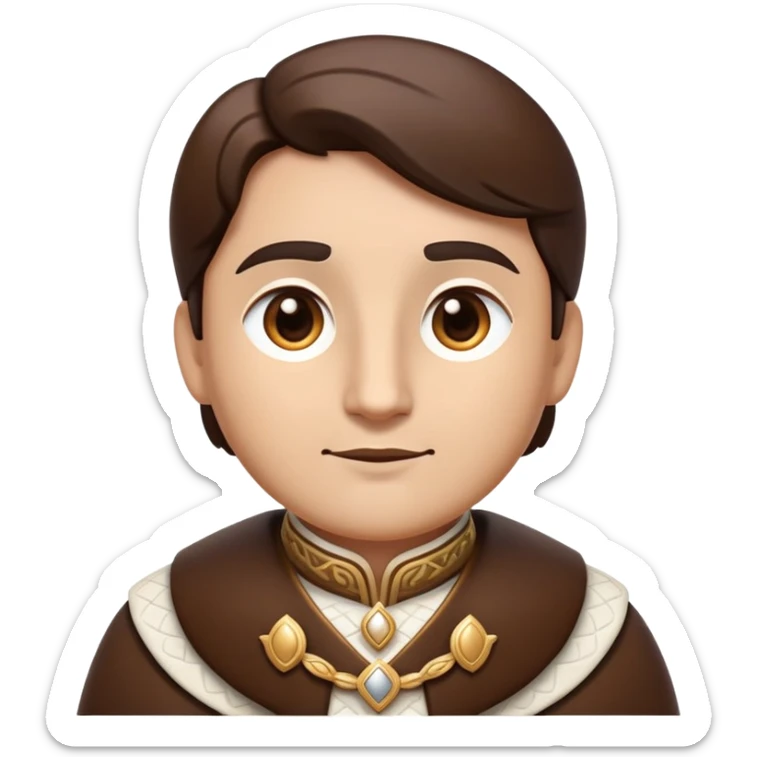 cinematic-noble-brown-and-white-co-portrait-emoji,-poised-and-regal,-with-a-large,-sturdy-build-and-a-beautifully-patterned-hide-of-rich-brown-accented-by-crisp-white-patches,-deep-set-soulful-brown-eyes,-simplified-yet-sharp-and-sophisticated sticker