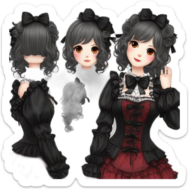 Vestido estilo Jirai kei y gothic lolita rosa y negro, piel morena, pelo rojo y negro, cuerpo completo, pelo largo sticker