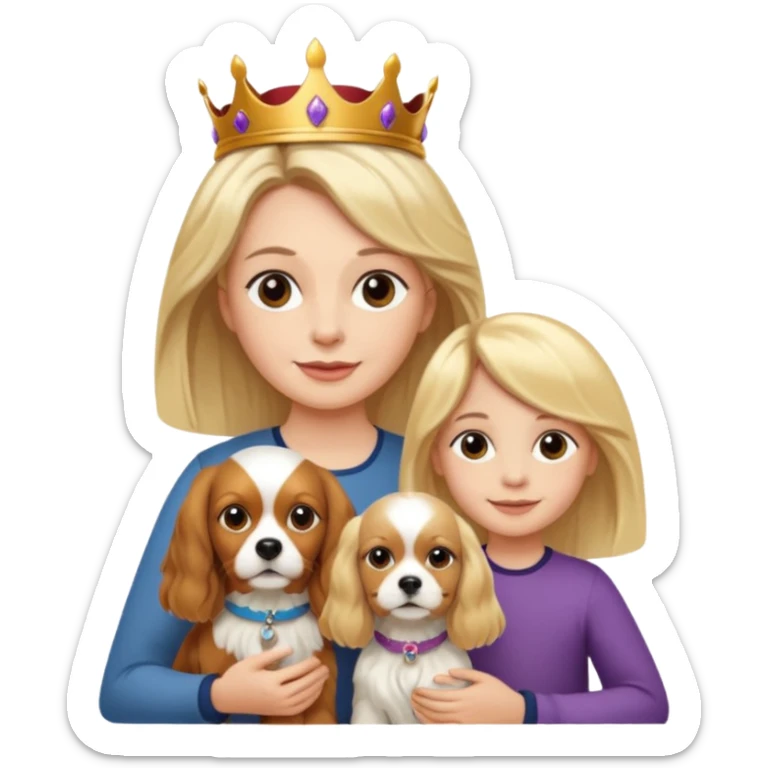 Make a picture of a mother, daughter and dog. Mother has short blond hair. Daughter has long blonde hair. Dog is a King Charles Spaniel. sticker