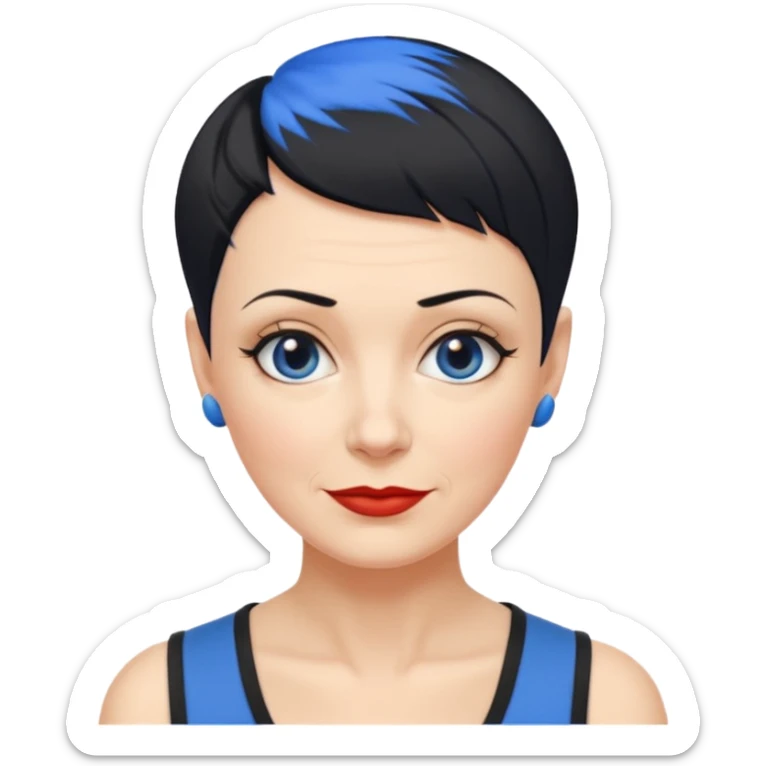 reife frau, vierzig Jahre alt kein kind! freche extreme schwarze Kurzhaarfrisur eine Seite wirklich fast keine Haare andere Seite mit blauer Strähne kurze Seite noch viel kürzer sticker