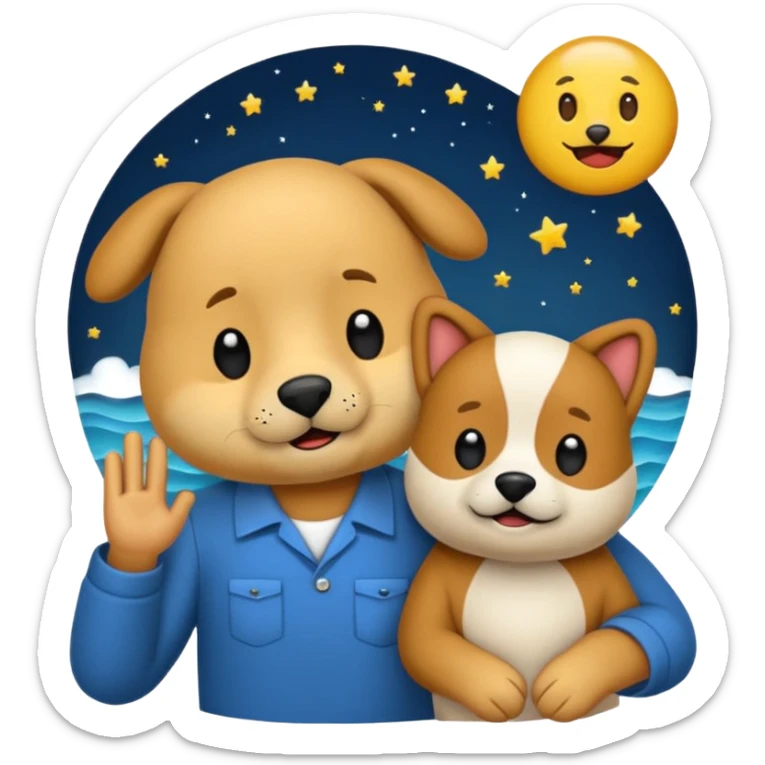 crea un emoji de buenas noches con texto : Buenas noches Javier y Tobi. Javier es un profesor y Tobi q sea un perro sticker