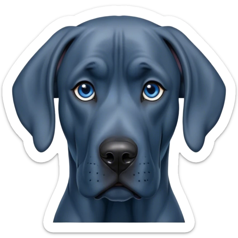 Cinematic Noble Blue Great Dane Portrait Emoji, Poised and regal, with a towering, muscular build and a sleek, well-groomed deep blue Fur, deep-set soulful steel-blue eyes, Simplified yet sharp and sophisticated features, highly detailed, glowing with a cool, dignified glow, high shine, intelligent and commanding, stylized with an air of majesty, focused and attentive, soft glowing outline, capturing the essence of a watchful and authoritative guardian, so majestic it feels as though it could stride out of the screen with effortless authority! sticker