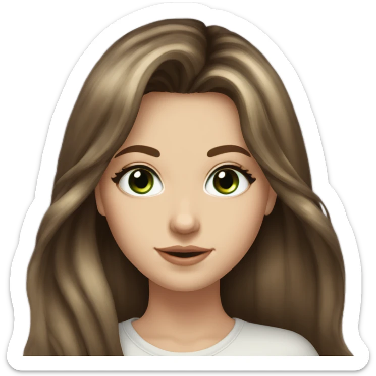 White girl green eyes with very long length voluminous brown hair with brown highlights balayage bangs sticker