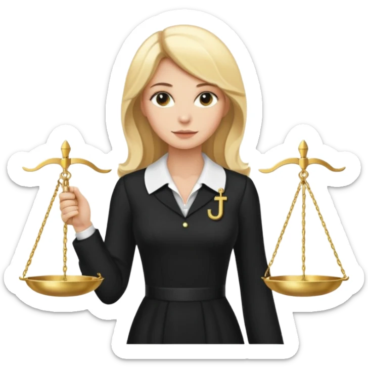 woman lawyer blanche et blonde habillée avec une longue robe noire et un col blanc, avec la balance de la justice derrière elle sticker