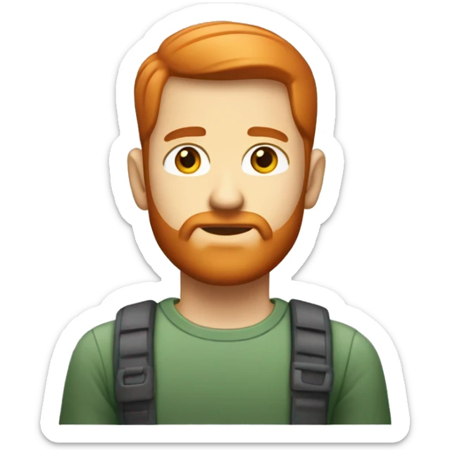 Generate an emoji-style avatar of a man with short red hair, trimmed beard, light skin, and gray-green eyes. Use the clean and smooth iOS emoji style, with a serious facial expression, simple shapes, and smooth gradients. sticker