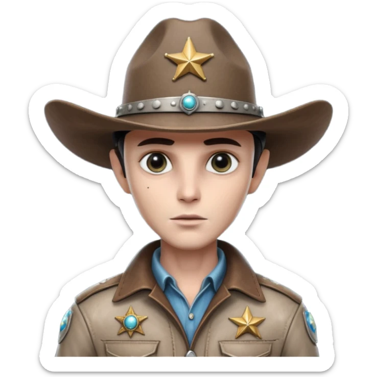 Close-up portrait of a classic grey alien cowboy, large black eyes, smooth pale skin, wearing a worn leather cowboy hat and futuristic sheriff badge, dramatic side lighting, shallow depth of field, ultra detailed skin texture, cinematic western sci-fi style
 sticker