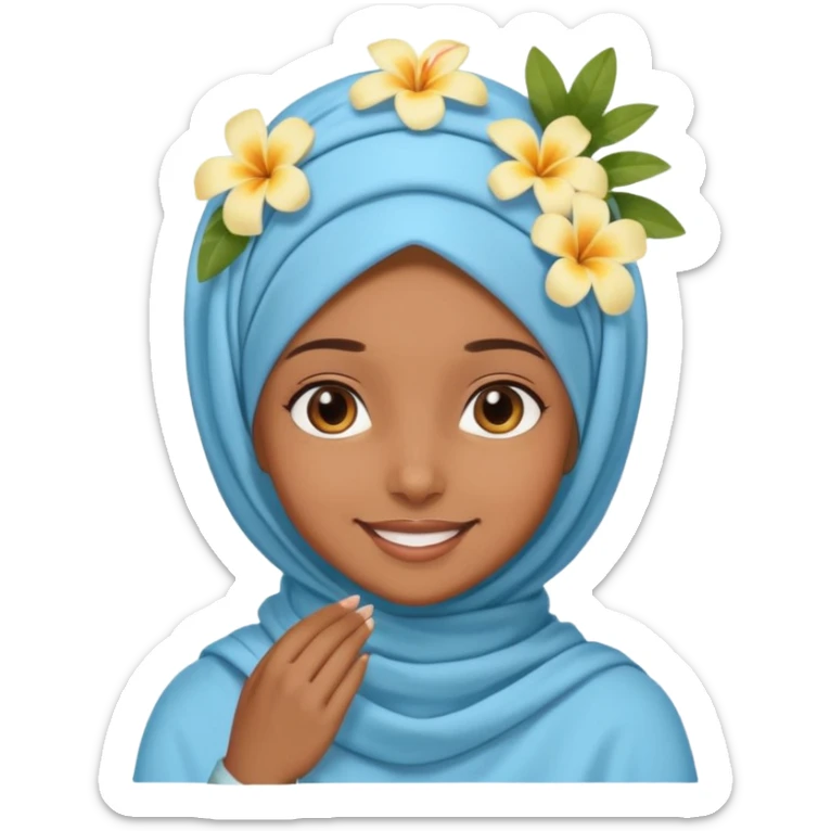 brown-skinned girl with a light blue hijab and a small tropical flower on her head, smiling sticker