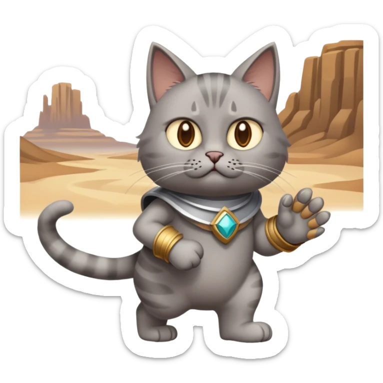 A grey cat takes a stroll through the desert of disappointment and forges the mighty gauntlet sticker