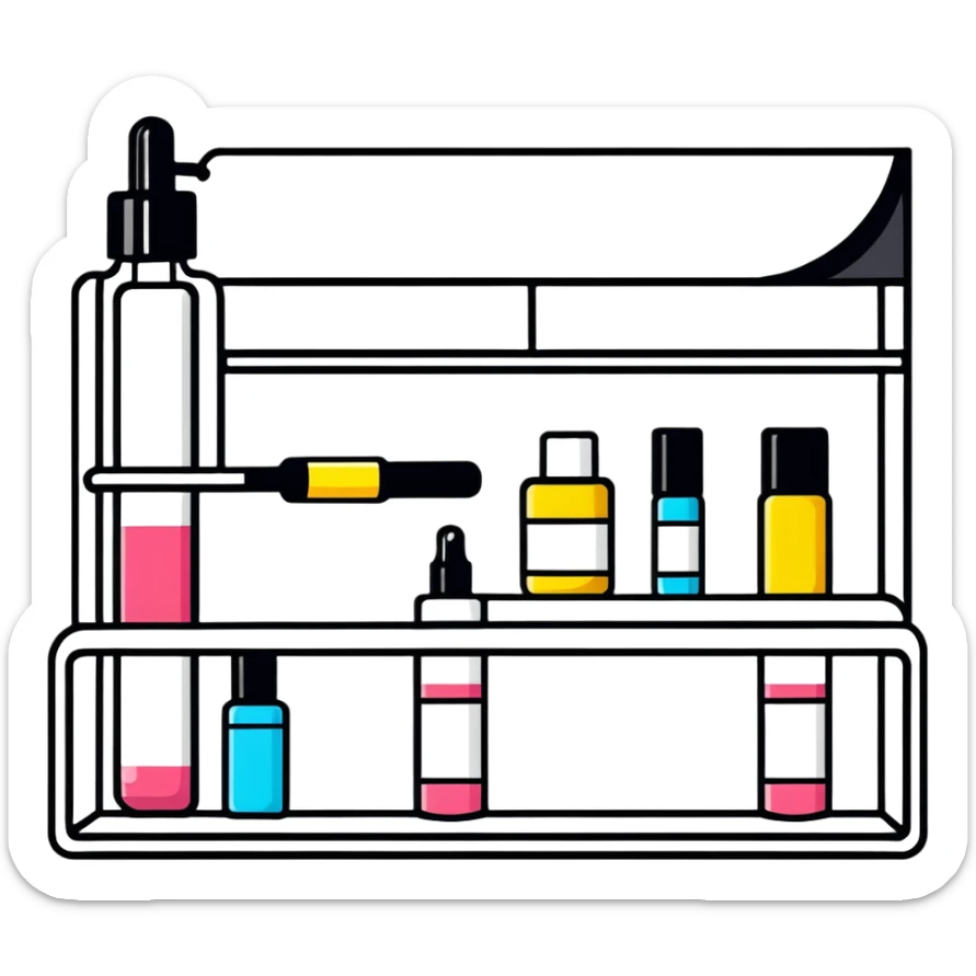 big long white shelf with one serum bottle labeled beauty brand and big sticky note sticker