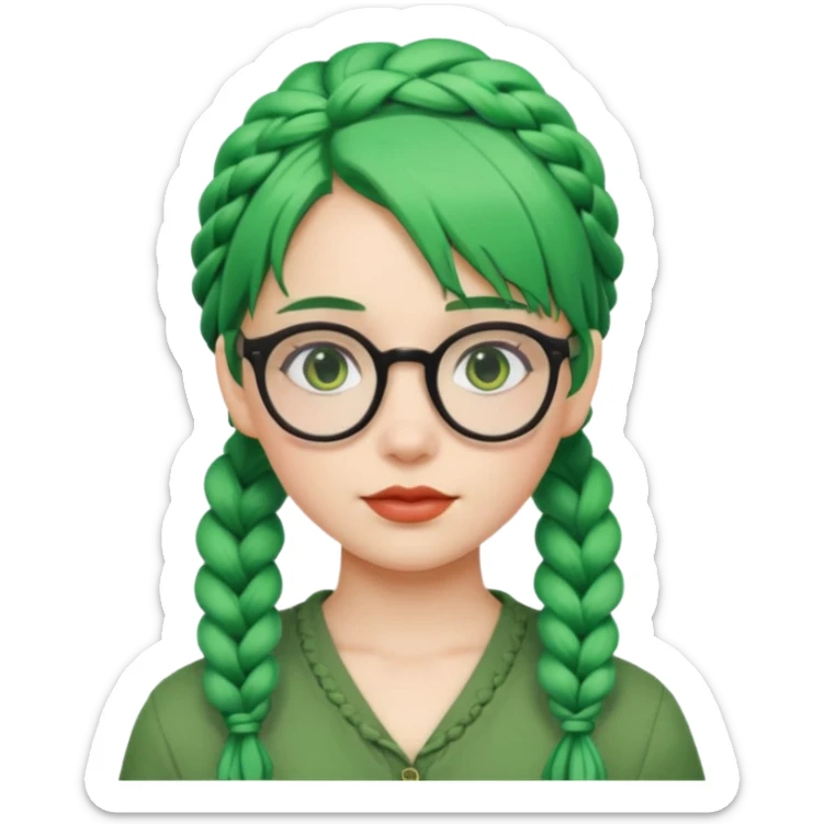 girl with green hairs, braids and spectacle, big visible braids and unique face shape sticker