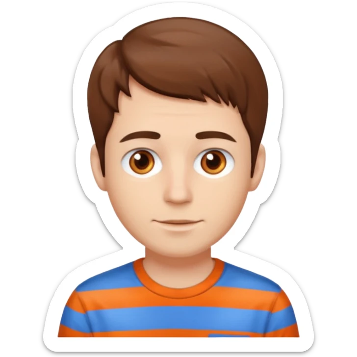male, white skin, brown hair, brown eyes, orange and blue shirt sticker