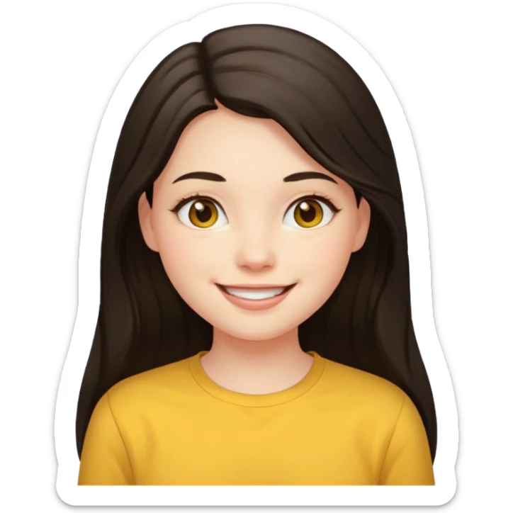 girl on a laptop, long dark hair white skin and yellow shirt long sleeves, smiling sticker