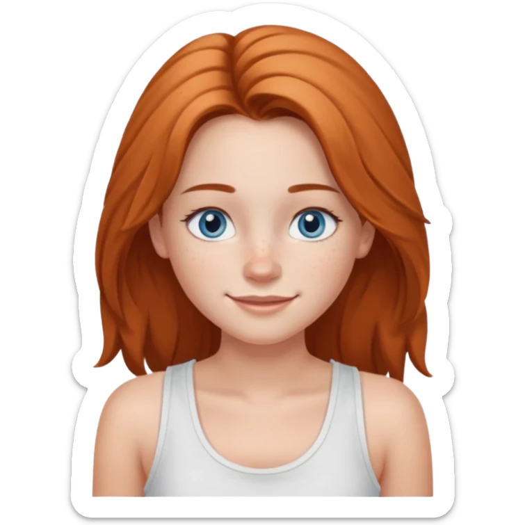 Una chica de tez blanca con pecas, nariz respingada, labios gruesos, ojos grandes color azul grisáceo, pelo largo, lacio, color avellana. Con una blusa de tirantes blanca. Que este sonriendo y q solo se vea de la cintura hacía arriba sticker