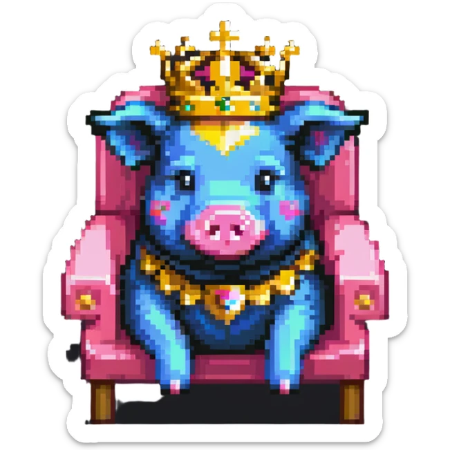 cartoon-like pixel art pig with a golden crown sitting on a throne, blocky and square like Minecraft, styled to look like LEGO Duplo blocks, chunky, colorful, simple sticker