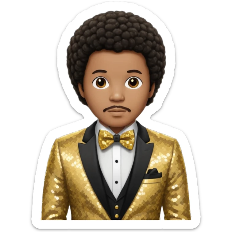 Quincy Jones with dark brown short afro hair, gold sequin suit with bow tie  sticker