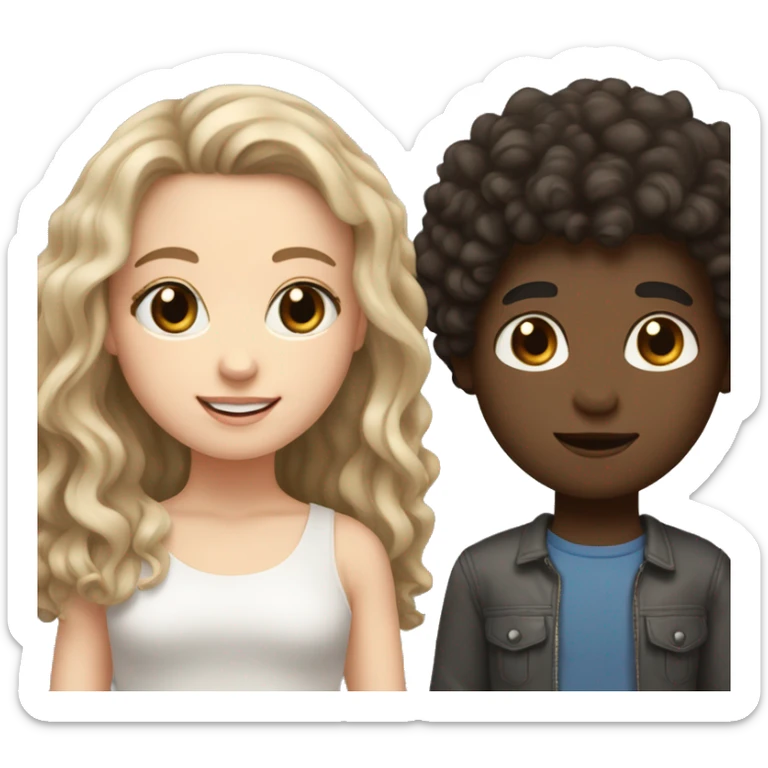 A white girl with dark blonde hair, grey eyes and shorter with her boy best friend who has brown skin, curly Afro dark hair and brown eyes who is taller  sticker