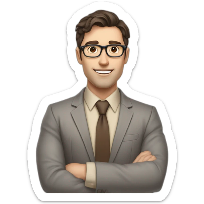 Pale skinned fit man with dark brown hair in gray jacket, beige office shirt, brown tie, brown pants and vintage glasses Writing on the flipchart sticker