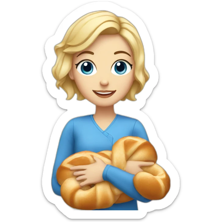 Blonde girl with blue eye and with short hair holding a challah sticker