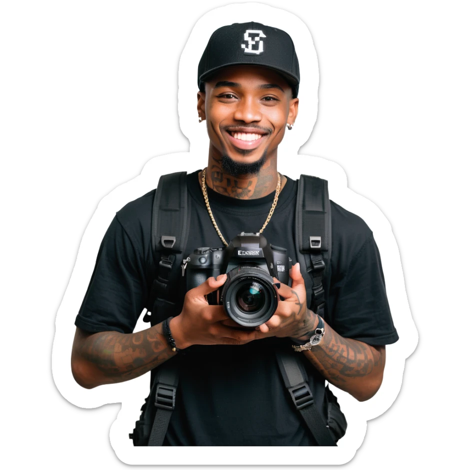 Young African cinematographer with tattoo-covered arms, wearing all black clothing and a baseball cap, holding a DSLR camera. Has dark brown eyes, a bright smile, and a small goatee. sticker