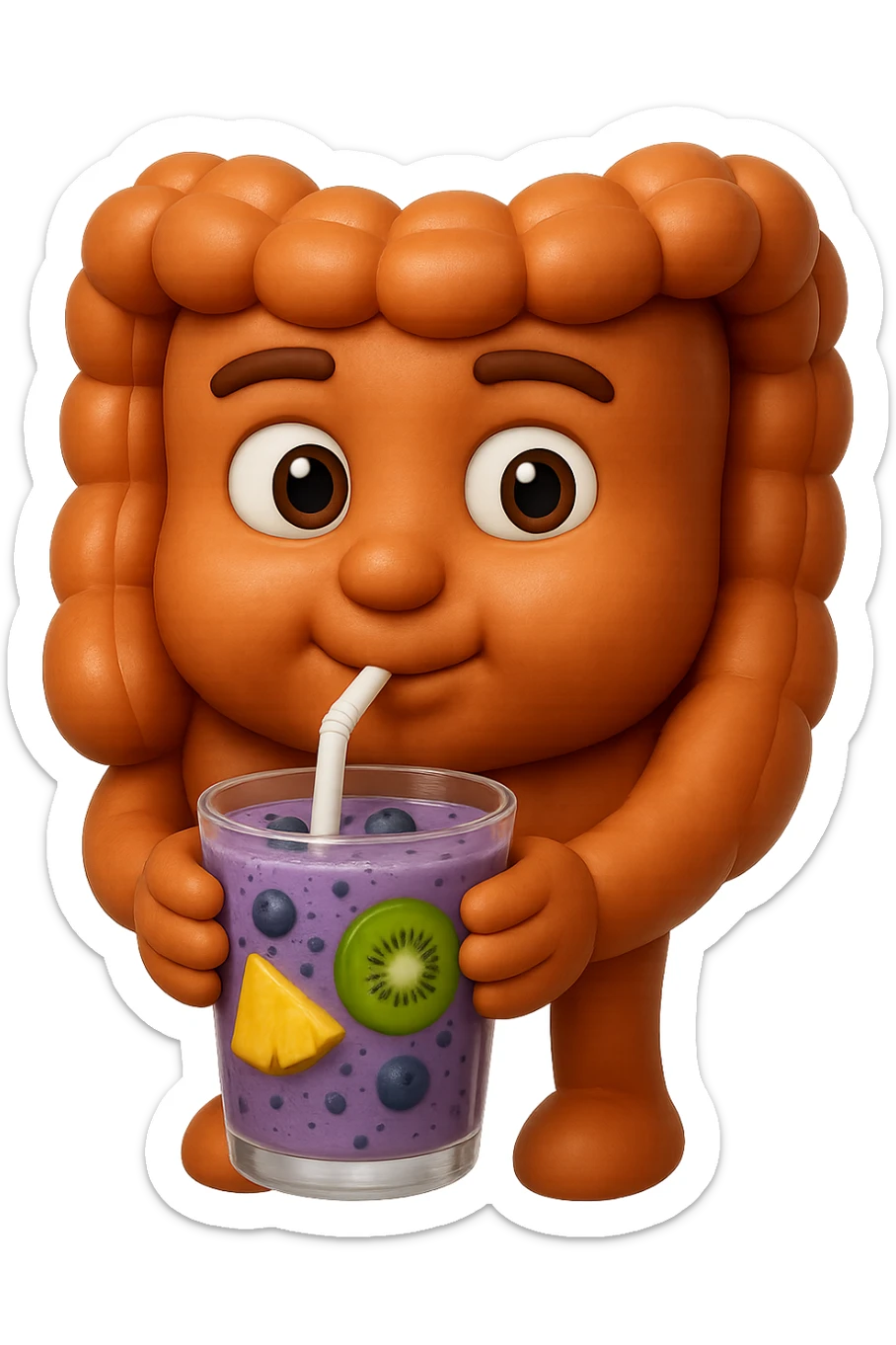 EMOJI STILE IPHONE DI un intestino umano anatomico che beve un frullato di mirtilli, ananas, kiwi, fagli anche la parte bianca degli occhi, non solo le pupille, REALISTICo 4K sticker