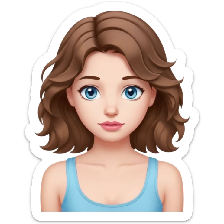 A girl with brown wavy hair below her shoulders, in a light blue tank top with thin straps, with plump delicate pink lips and gray-blue eyes. sticker