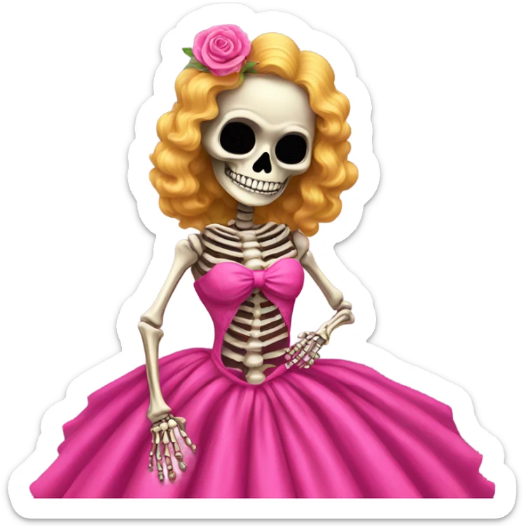 Skeleton wearing hot pink vintage poofy wedding dress to impress sticker