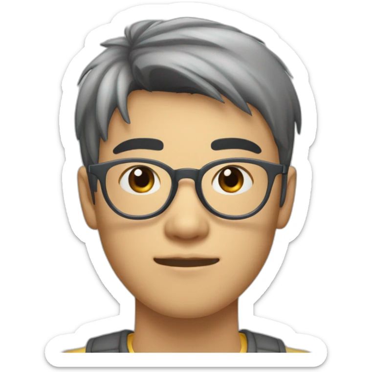 A 20-year-old Asian male with slightly pale skin, wearing transparent grey-framed glasses, with choppy bangs nearing his eyebrows, large eyes, and a slightly oval face. sticker