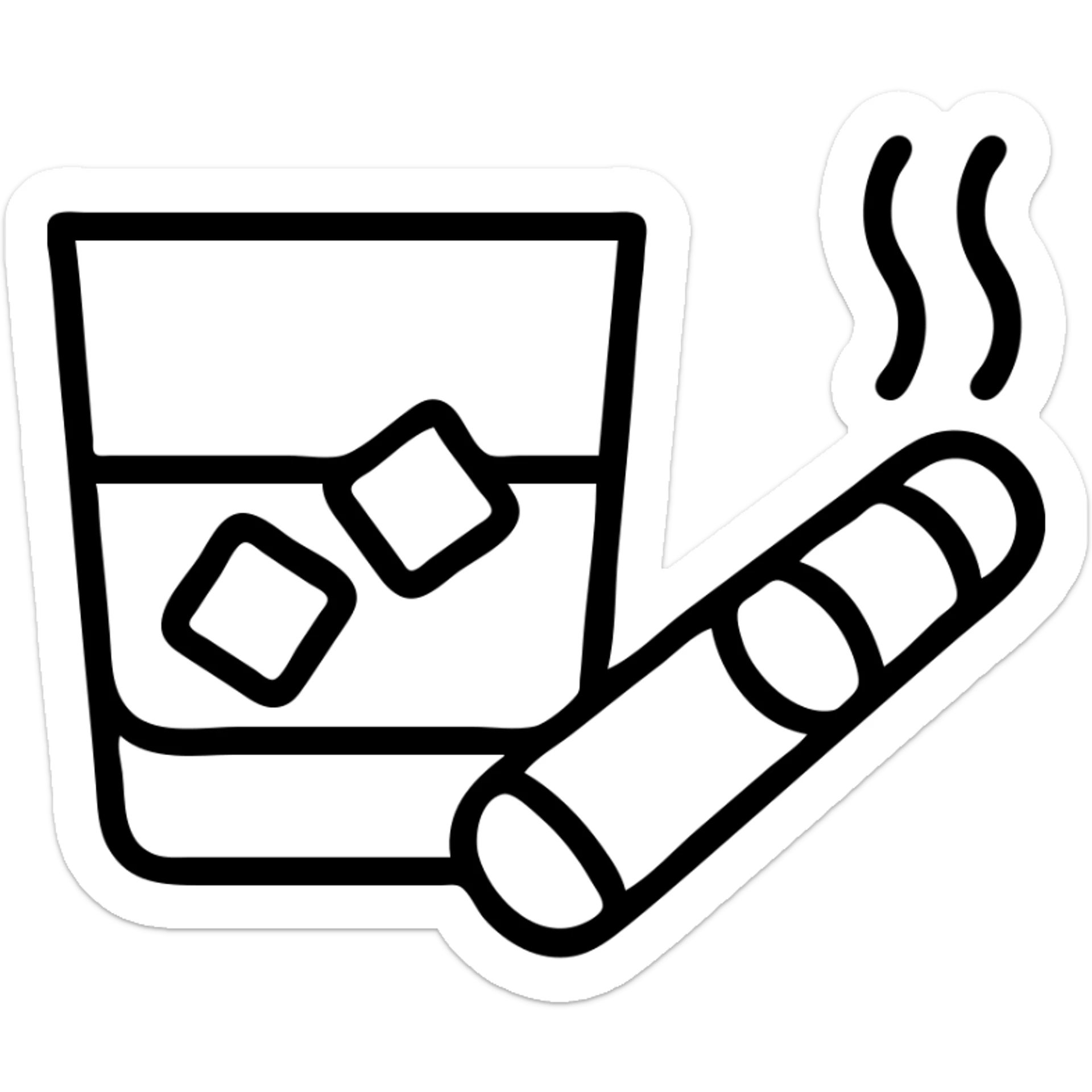 a glass of whiskey and a cigar, elegant, minimal, suitable for a logo, simple black outlined icon with clean lines sticker