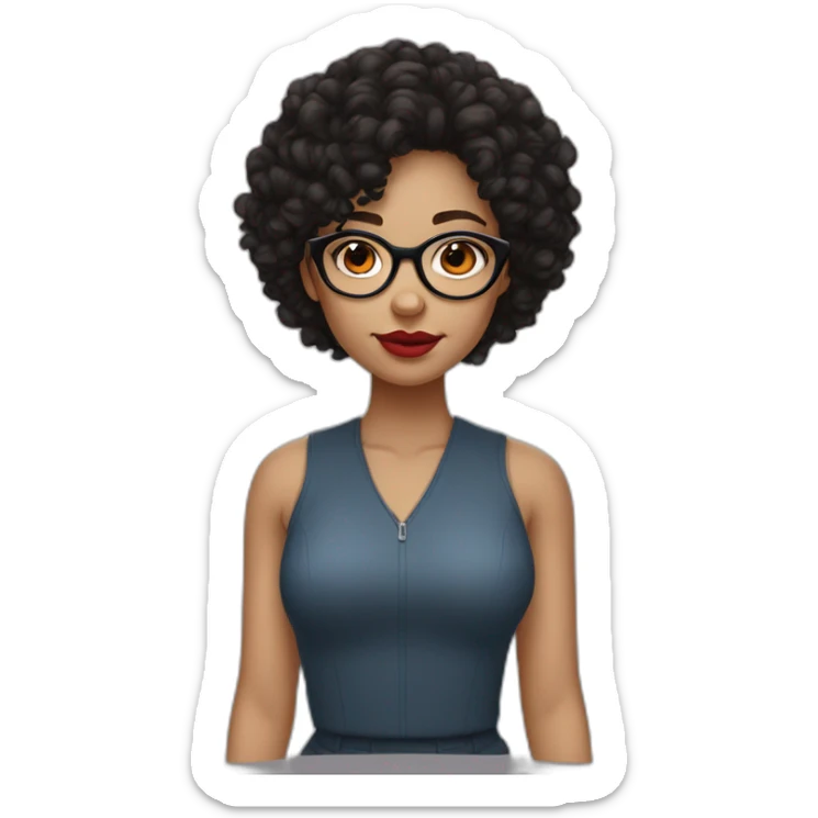 Girl with curly black hair, round thin glasses, brown eyes and red lips, very light skin tone sticker